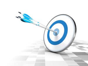 Three arrows in the center of a blue target, modern checker background. Image suitable for illustration ofstrategic business solutions or corporate strategy purpose.